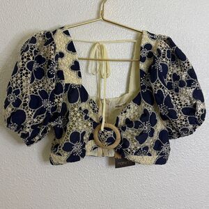 Main Strip Cream and Navy Crochet crop Top- medium